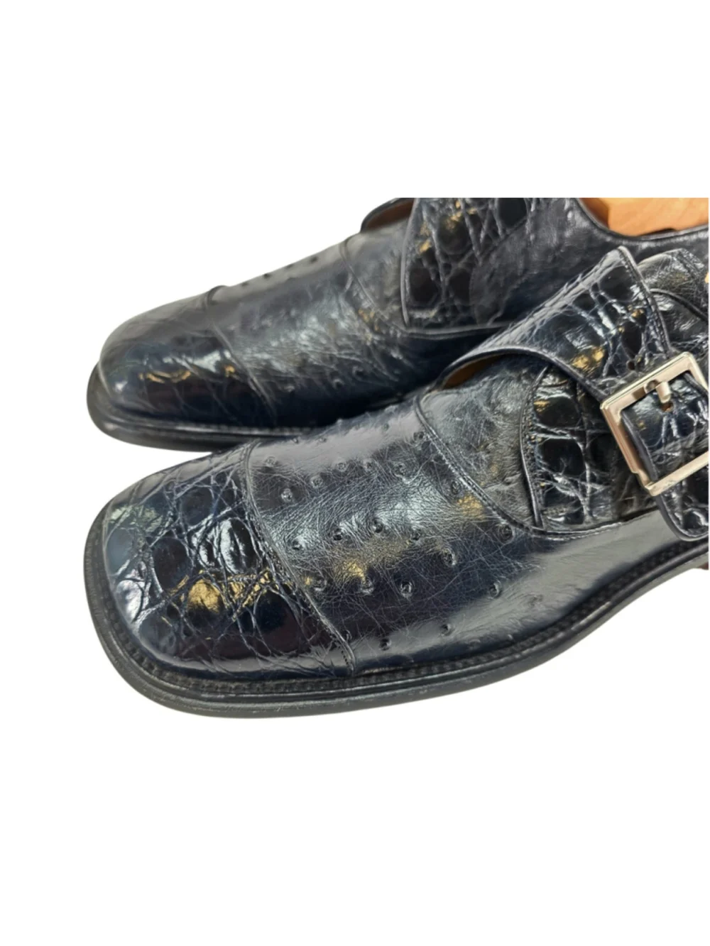 Mezlan Platinum Genuine Ostrich Monk Strap Cap Toe Dress Shoes Black 8.5 Spain